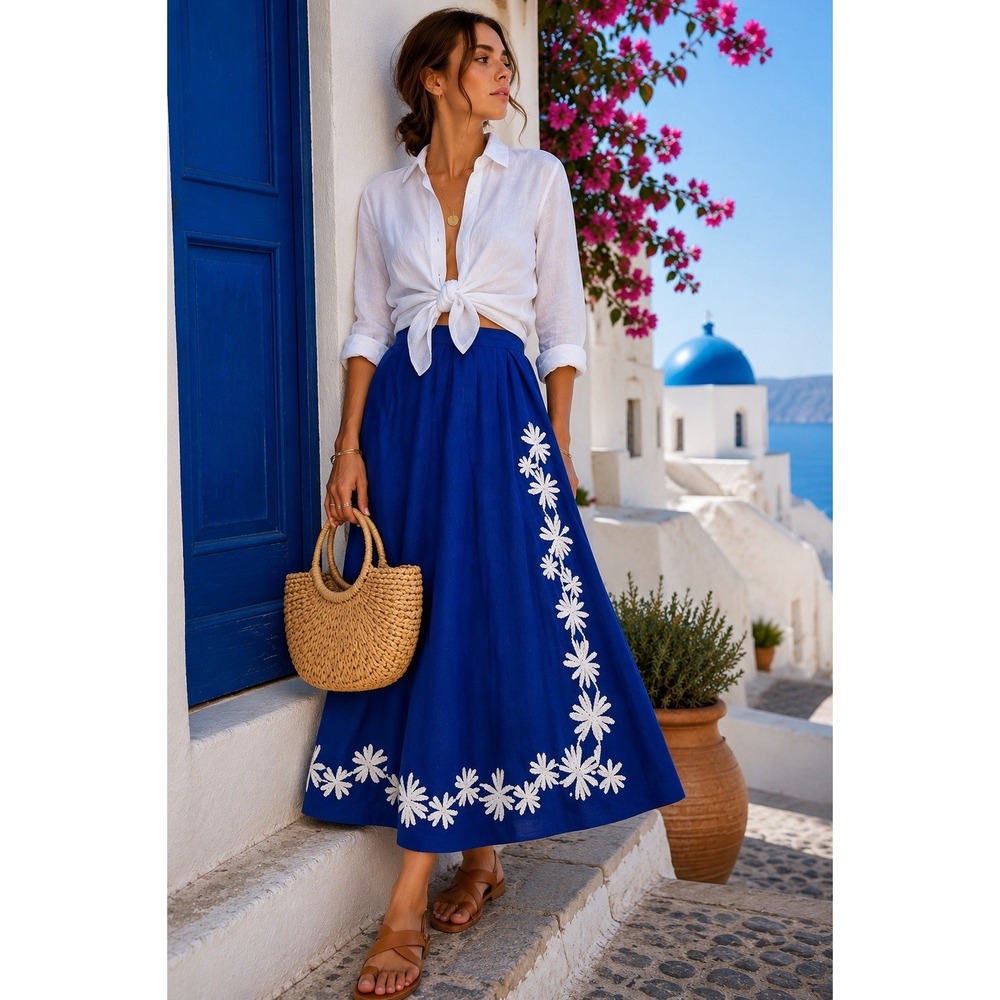 L'Affaire Los Angeles Women's XS Blue Embroidered Midi‎ Skirt NWT Resort Coastal
